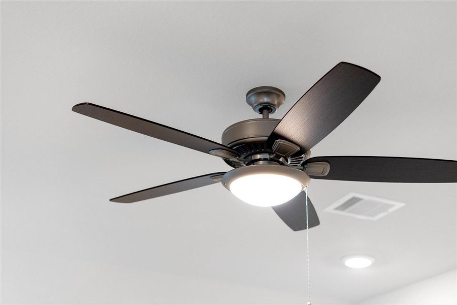 This contemporary ceiling fan features a brushed nickel finish and five dark wood blades, centered by an integrated LED light kit and a traditional pull chain for effortless control. The ceiling fan will make a room feel up to 4–8 degrees cooler and redistribute rising warm air in the winter.
