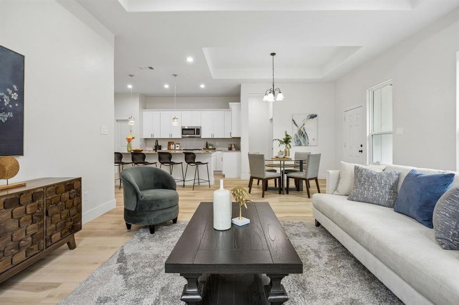 Here you can see the dining space and kitchen from the living room.