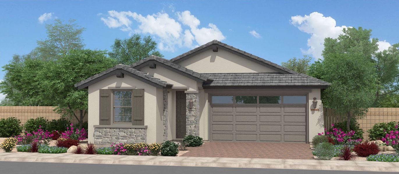 Front exterior of a new home in Redwood Valley at Acclaim, Avondale, AZ, highlighting curb appeal (Image 1).