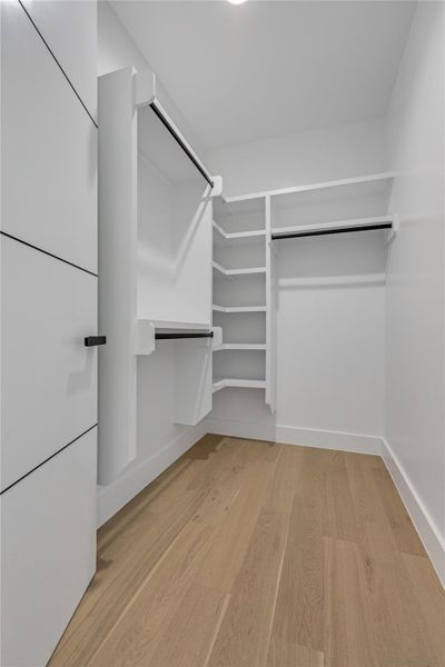 Walk in closet with light wood finished floors