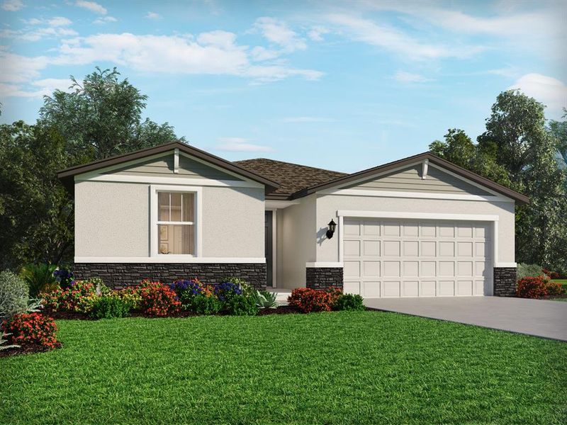 Front exterior of a new home in Oakfield Trails - Classic Series, Parrish, FL, highlighting curb appeal (Image 1). Front exterior of a new home in Oakfield Trails - Classic Series, Parrish, FL, highlighting curb appeal (Image 1).