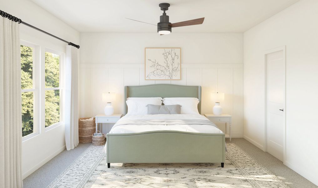 Primary suite with decorative feature wall Primary suite with decorative feature wall