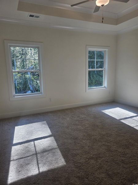 Carpeted spare room with crown molding, a tray ceiling, and a ceiling fan Carpeted spare room with crown molding, a tray ceiling, and a ceiling fan