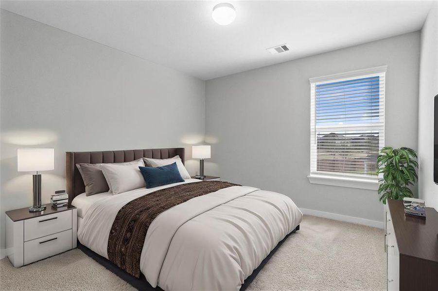 Secondary bedroom features plush carpet, neutral paint and a large window with privacy blinds.