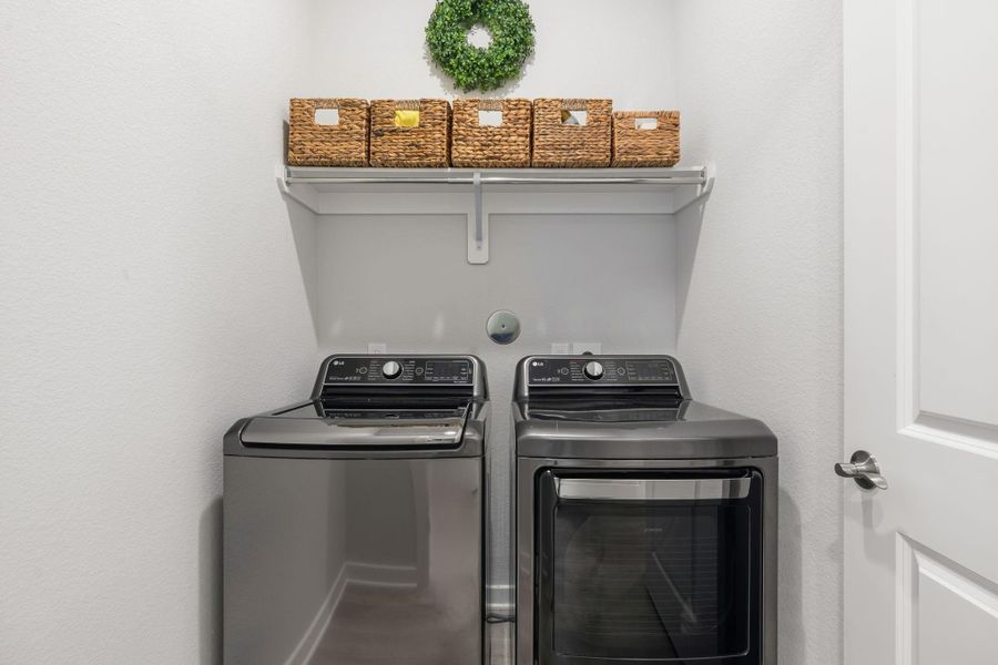 Utility room in house with shelving and hanging space - washer and dryer stay
