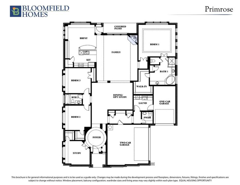 Bloomfield Homes Primrose floor plan with three bedrooms, study, family room, and two-car garage layout.