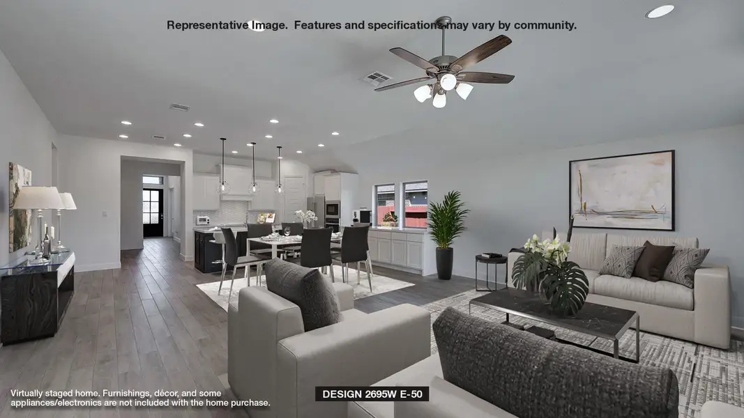 Living room with ceiling fan, baseboards, recessed lighting, and light wood-style floors
