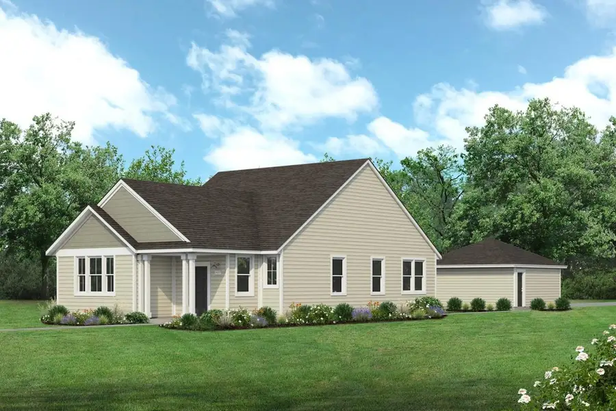 Rendering of one story two-tone green home with black door and detached garage with sky and landscaping Rendering of one story two-tone green home with black door and detached garage with sky and landscaping