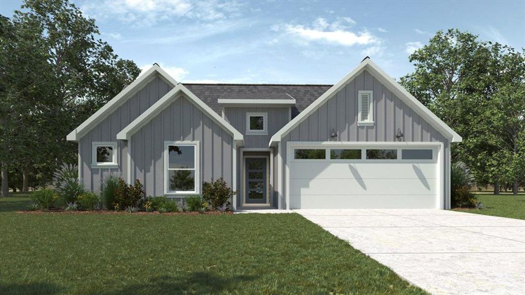 Modern farmhouse style home with a front yard, driveway, roof with shingles, a garage, and board and batten siding