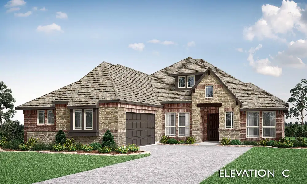 Single-story home with stone and brick exterior, two-car garage, and dormer window, Elevation C rendering Single-story home with stone and brick exterior, two-car garage, and dormer window, Elevation C rendering