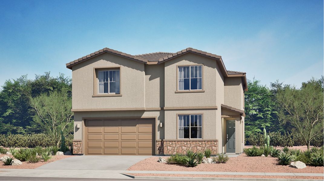 Front exterior of a new home in Mandarina, Marana, AZ, highlighting curb appeal (Image 1). Front exterior of a new home in Mandarina, Marana, AZ, highlighting curb appeal (Image 1).