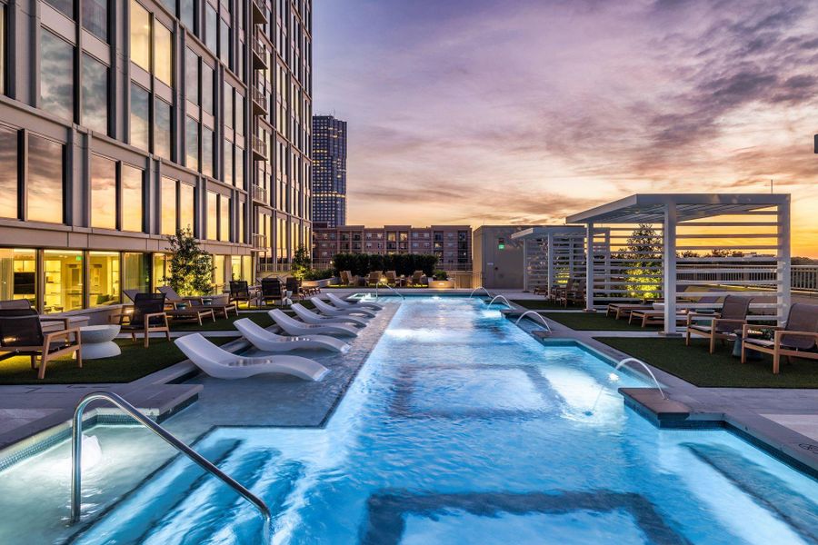 There is a quiet, rhythmic magic to swimming under the glow of the skyline. At 67 feet long, this pool provides a truly expansive distance to lose yourself in the movement. As the city lights begin to flicker at eye level, the water reflects the shimmering towers above, creating a seamless blend of blue and neon. It’s a private, nocturnal sanctuary where the pace of the pool is the only thing that matters. There is a quiet, rhythmic magic to swimming under the glow of the skyline. At 67 feet long, this pool provides a truly expansive distance to lose yourself in the movement. As the city lights begin to flicker at eye level, the water reflects the shimmering towers above, creating a seamless blend of blue and neon. It’s a private, nocturnal sanctuary where the pace of the pool is the only thing that matters.