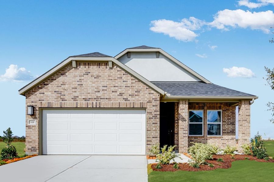 Front exterior of a new home in Brookewater 45s, Rosenberg, TX, highlighting curb appeal (Image 1).