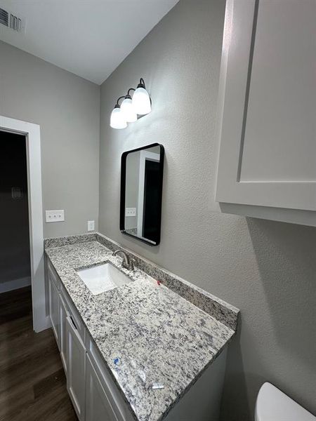 Bathroom featuring vanity, dark wood-style floors, and a textured wall Bathroom featuring vanity, dark wood-style floors, and a textured wall