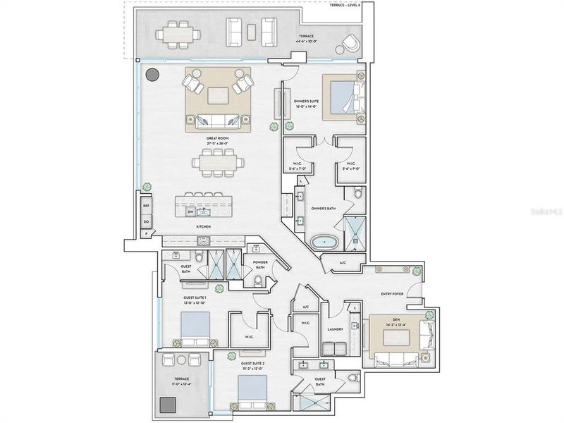 2D floor plan layout of this home in 1000 Boulevard of The Arts, Sarasota, FL (Image 3).