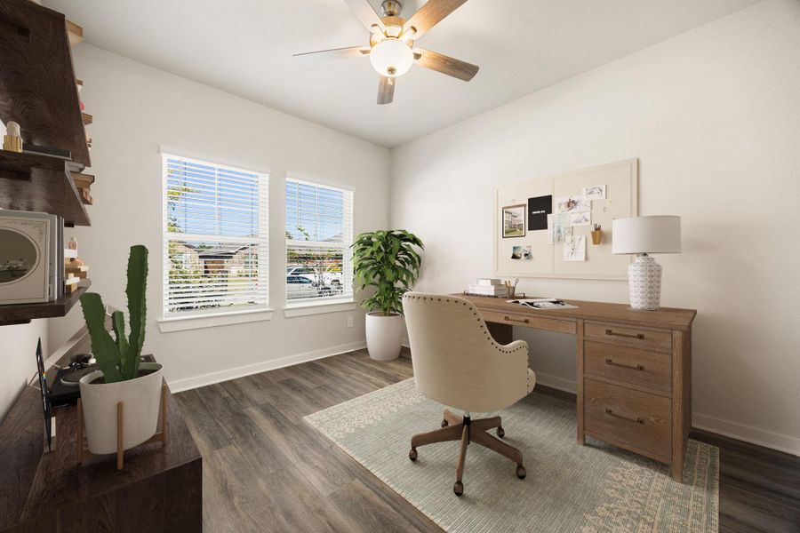 Quietly nestled in front of the home is the handsome home office. Featuring vinyl plank flooring, high ceilings, ceiling fan with lighting, large windows with privacy blinds and custom paint. *Virtually Staged Quietly nestled in front of the home is the handsome home office. Featuring vinyl plank flooring, high ceilings, ceiling fan with lighting, large windows with privacy blinds and custom paint. *Virtually Staged