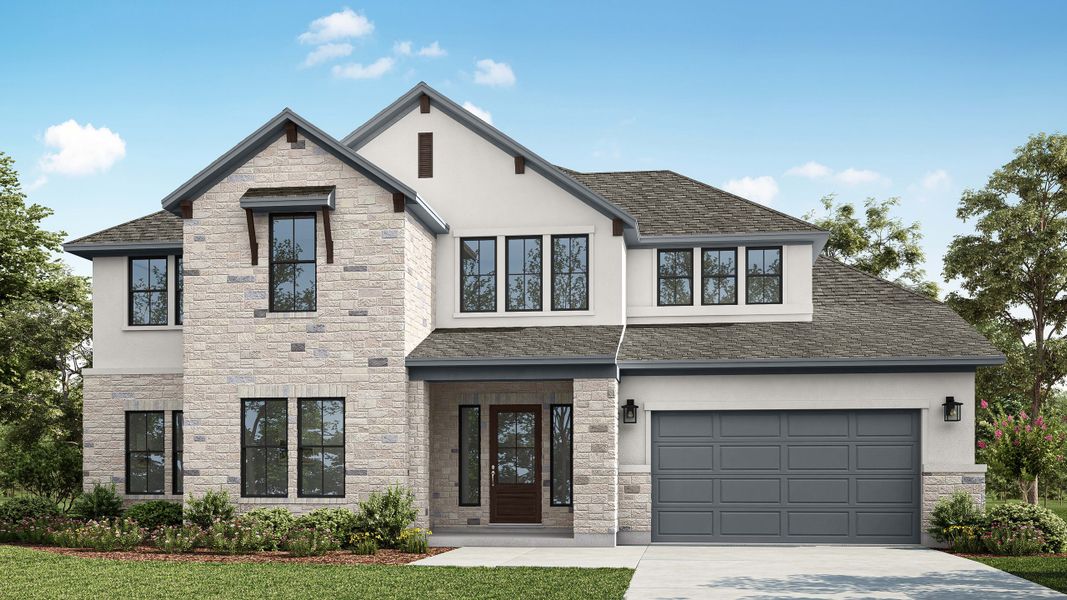 Representative exterior photo of a completed home built from the Echelon by Tri Pointe Homes in Noven, Leander, TX (Image 1). Representative exterior photo of a completed home built from the Echelon by Tri Pointe Homes in Noven, Leander, TX (Image 1).