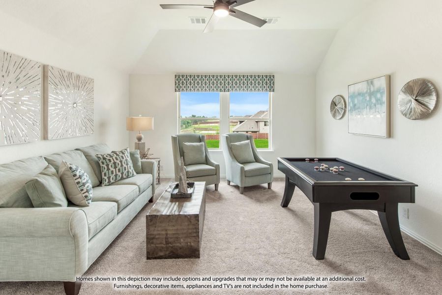 Bonus room with vaulted ceiling, sofa, accent chairs, and shuffleboard table on carpet