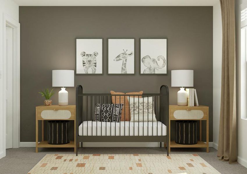 Rendering of a secondary bedroom
  converted into a nursery featuring a crib, nightstands, and décor.