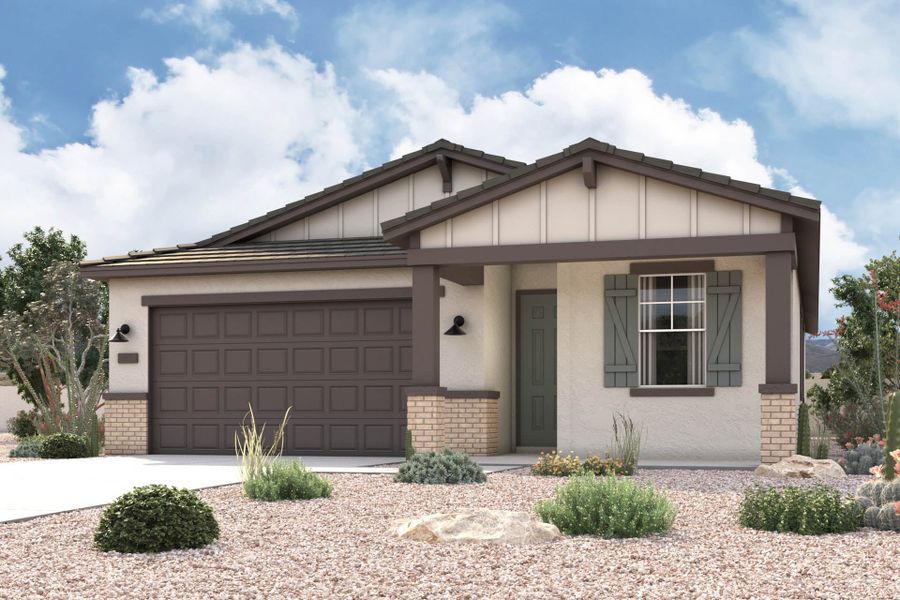 New Home ranch style exterior elevation rendering of 1 story 3-bedroom floor plan in Maricopa AZ USDA Loan VA Loan Eligible Near 347 with community amenities near park New Home ranch style exterior elevation rendering of 1 story 3-bedroom floor plan in Maricopa AZ USDA Loan VA Loan Eligible Near 347 with community amenities near park