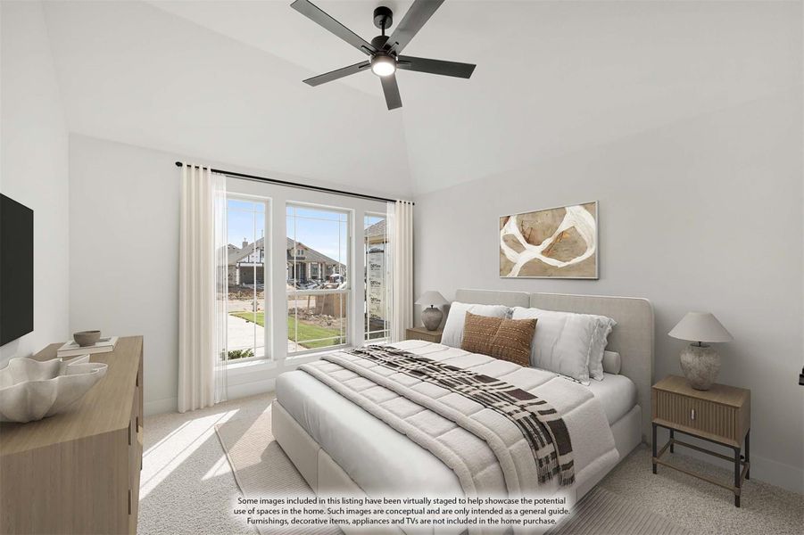 Bedroom with vaulted ceiling, ceiling fan, large windows, and neutral carpet flooring