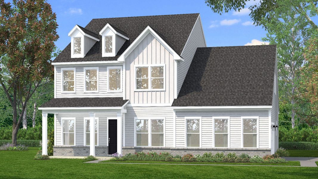 Exterior of home with white siding and brick water table featuring a side-entry garage Exterior of home with white siding and brick water table featuring a side-entry garage