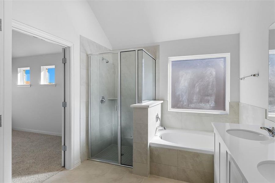 Bathroom with a bath, a stall shower, vaulted ceiling, double vanity, and light carpet Bathroom with a bath, a stall shower, vaulted ceiling, double vanity, and light carpet