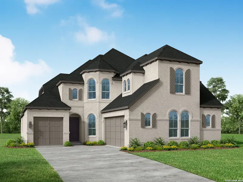 Front exterior of a new home in Briggs Ranch, San Antonio, TX, highlighting curb appeal (Image 1). Front exterior of a new home in Briggs Ranch, San Antonio, TX, highlighting curb appeal (Image 1).