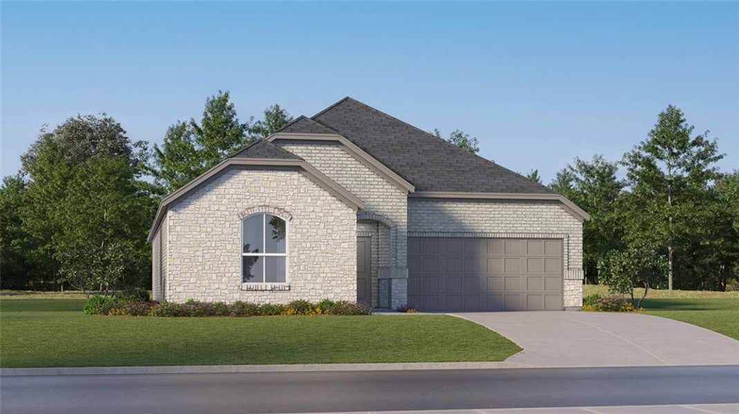 View of front of property featuring a front lawn and a garage