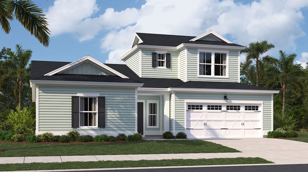 Front exterior of a new home in Horizons at Carnes Crossroads | 55+: Carriage Collection, Summerville, SC, highlighting curb appeal (Image 1). Front exterior of a new home in Horizons at Carnes Crossroads | 55+: Carriage Collection, Summerville, SC, highlighting curb appeal (Image 1).