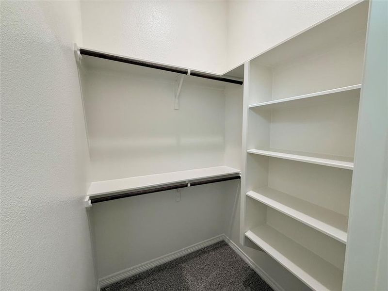 Walk in closet featuring dark carpet