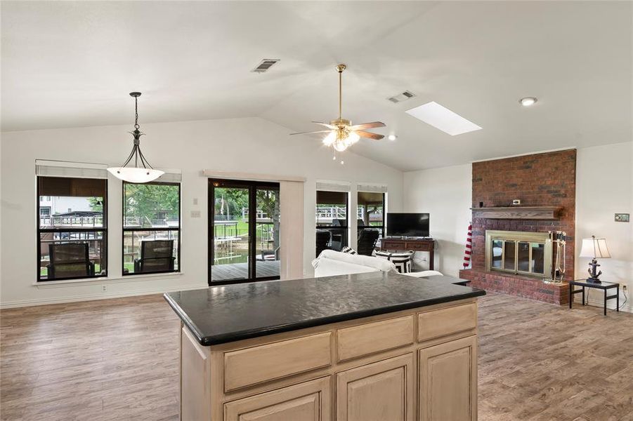 Open kitchen view overlooking the living and dining areas