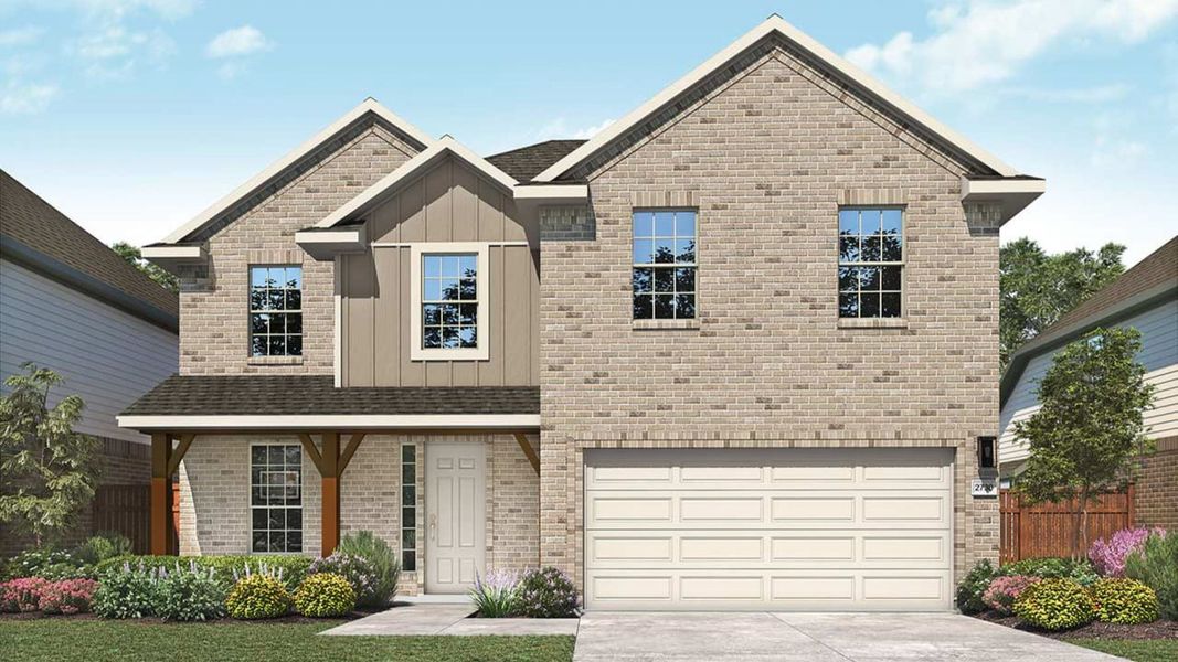 Representative exterior photo of a completed home built from the Mimosa by DRB Homes in Anthem, Kyle, TX (Image 1).