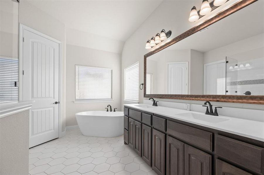 Bathroom featuring vanity, lofted ceiling, separate shower and tub, and tile patterned flooring Bathroom featuring vanity, lofted ceiling, separate shower and tub, and tile patterned flooring