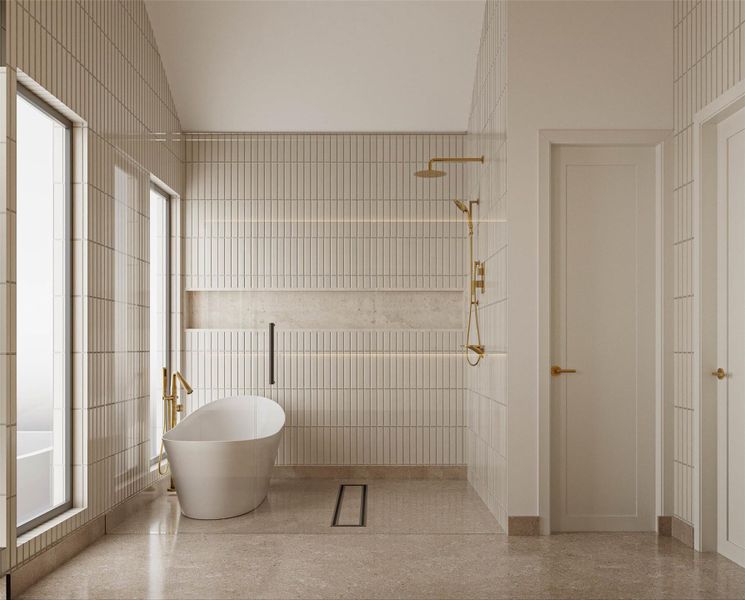 Full bathroom with tiled shower, speckled floor, a soaking tub, and vaulted ceiling