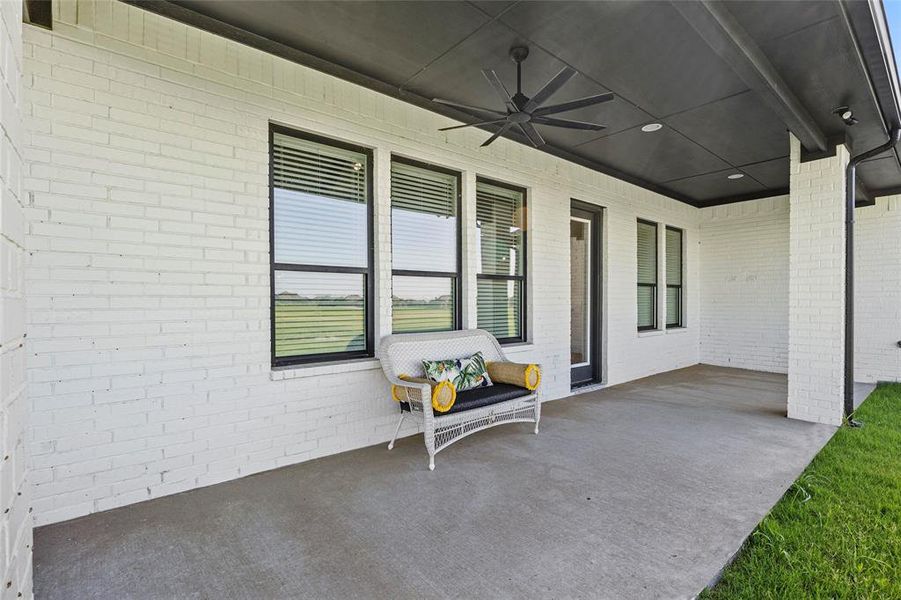 View of patio with ceiling fan