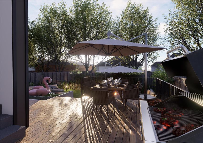 A concept view of how outdoor dining can feel both elegant and effortless. Here, a sculptural umbrella and ambient lighting elevate casual gatherings into stylish summer soirées.