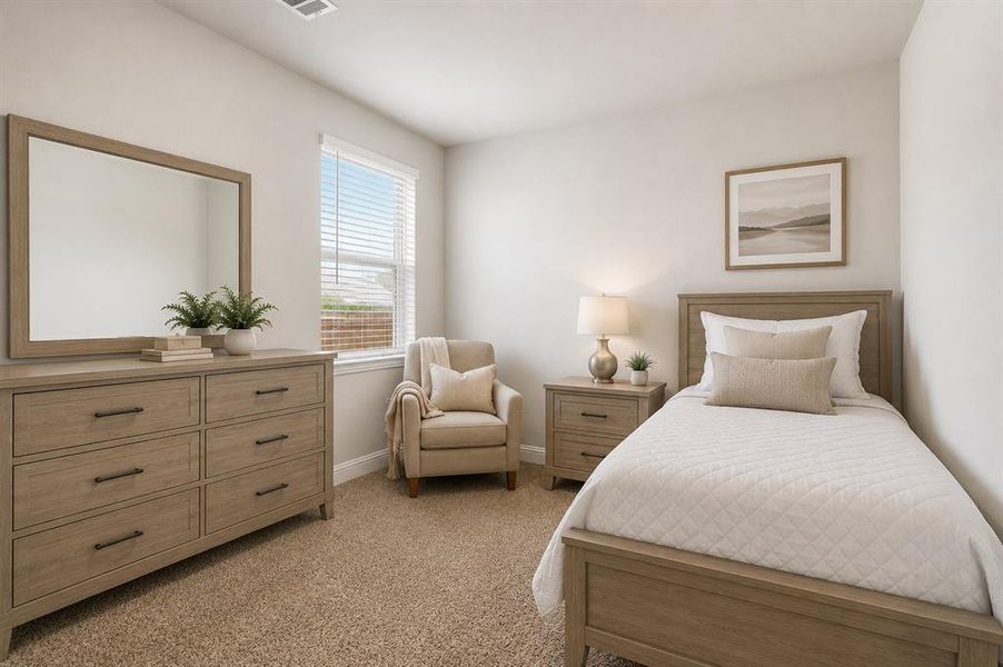 Carpeted bedroom featuring a window with blinds, light-toned walls, and a recessed ceiling vent Carpeted bedroom featuring a window with blinds, light-toned walls, and a recessed ceiling vent
