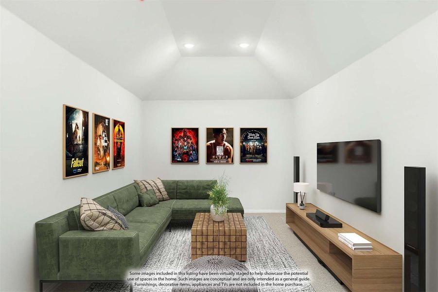 Media room with vaulted ceiling, green sectional sofa, wall-mounted TV, and framed movie posters Media room with vaulted ceiling, green sectional sofa, wall-mounted TV, and framed movie posters