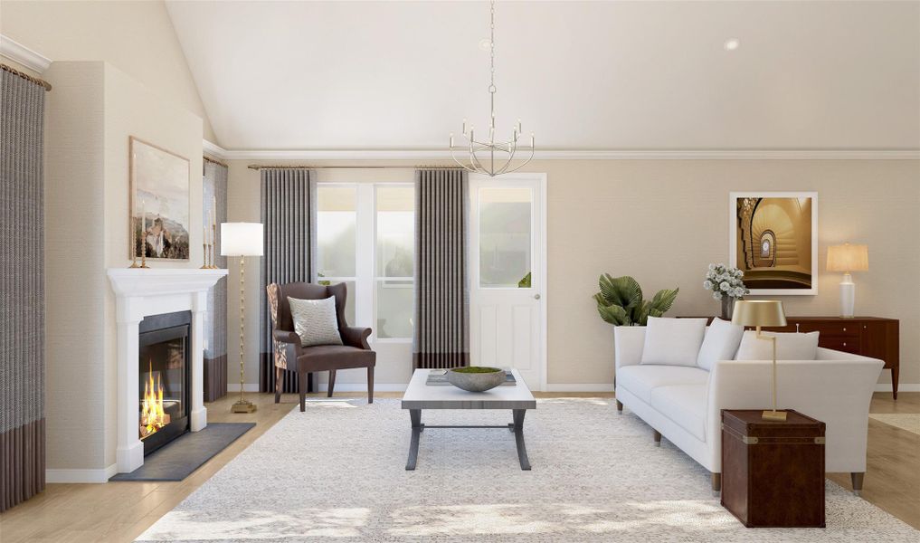 Open great room with fireplace (*Artist rendering used for illustration purposes only.)