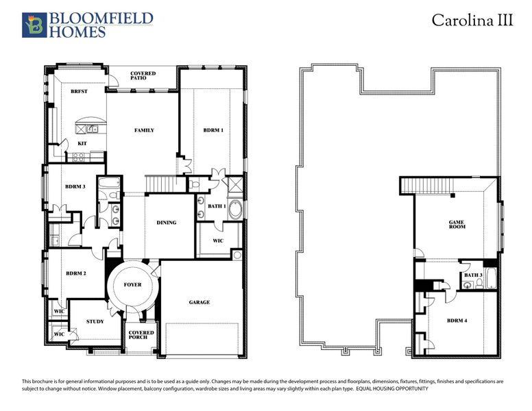Bloomfield Homes Carolina III floor plan showing two-story layout with four bedrooms, game room, study, and covered patio.