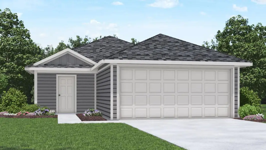 Front exterior of a new home in The Canopies, Splendora, TX, highlighting curb appeal (Image 1).