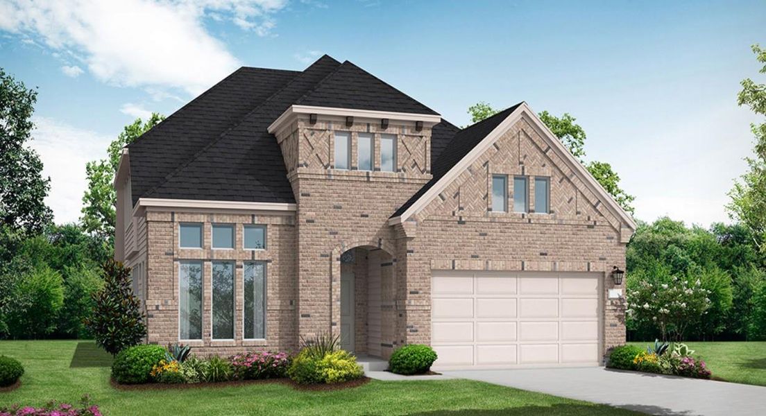 Front exterior of a new home in Valencia, Manvel, TX, highlighting curb appeal (Image 1). Front exterior of a new home in Valencia, Manvel, TX, highlighting curb appeal (Image 1).