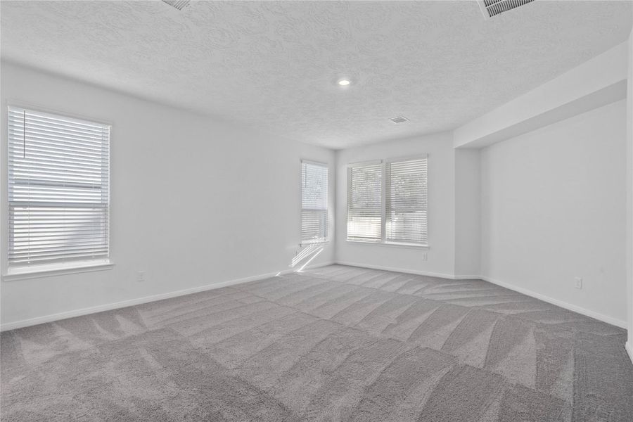 Come and unwind after a long day in this magnificent primary suite! This spacious room features a gorgeous niche in the wall, plush carpet flooring, neutral paint, high ceilings and large windows with privacy blinds.