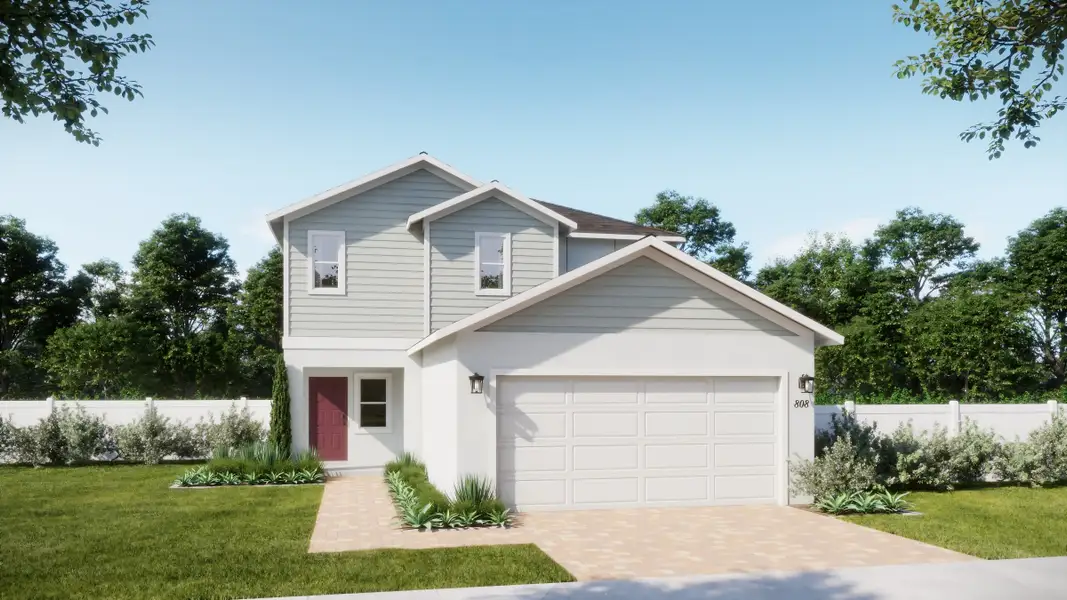 Representative exterior photo of a completed home built from the Marina by Risewell Homes in Eagletail Landings, Howey-in-the-Hills, FL (Image 2). Representative exterior photo of a completed home built from the Marina by Risewell Homes in Eagletail Landings, Howey-in-the-Hills, FL (Image 2).