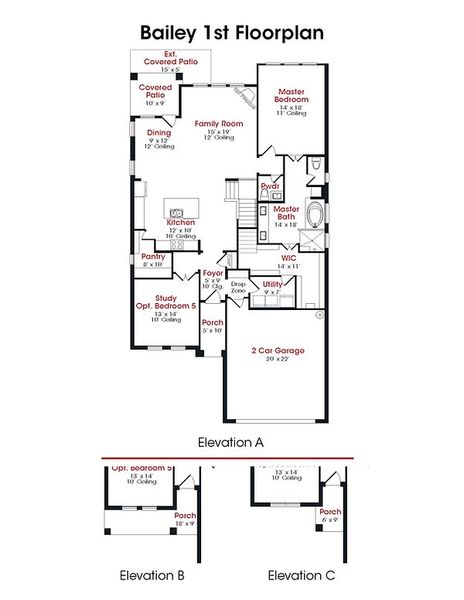 2D floor plan layout for the Bailey by Kendall Homes in River Ranch, Dayton, TX (Image 4).