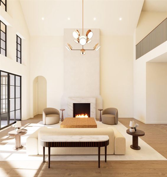 A refined composition of height, light, and material this room draws the eye upward while inviting you to settle in. The fireplace offers a warm focal point, balanced by clean-lined furnishings and a soft palette that feels both modern and enduring.