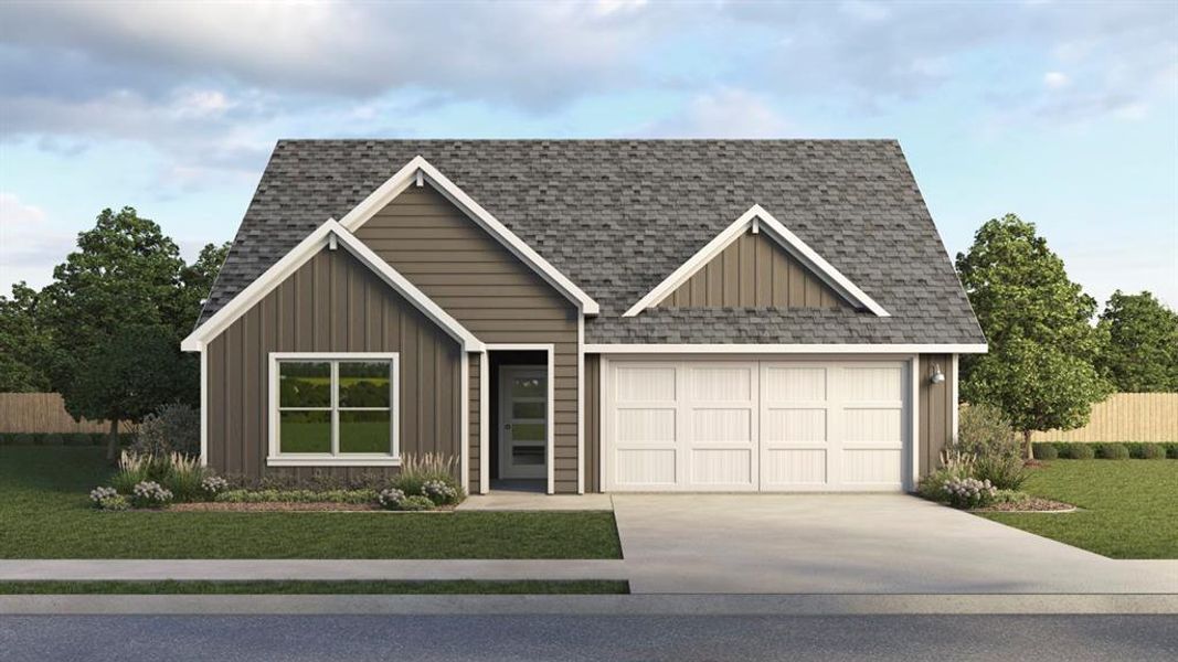 Front exterior of a new home in Windrose, Pilot Point, TX, highlighting curb appeal (Image 1). Front exterior of a new home in Windrose, Pilot Point, TX, highlighting curb appeal (Image 1).