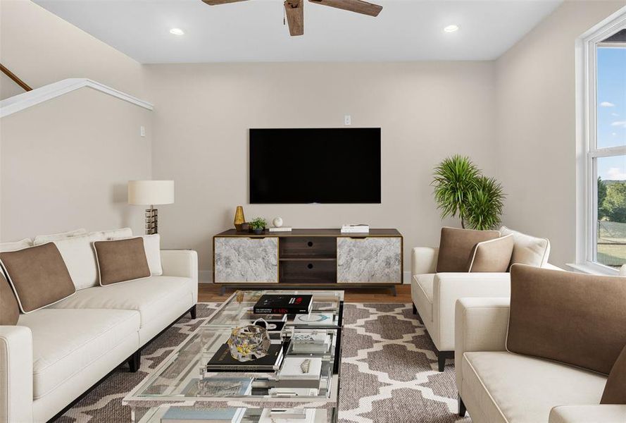 Staged view  of the living room.