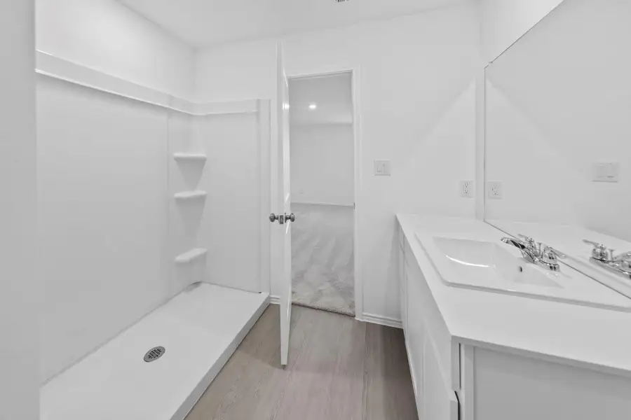 Bathroom featuring a stall shower, light wood finished floors, and vanity